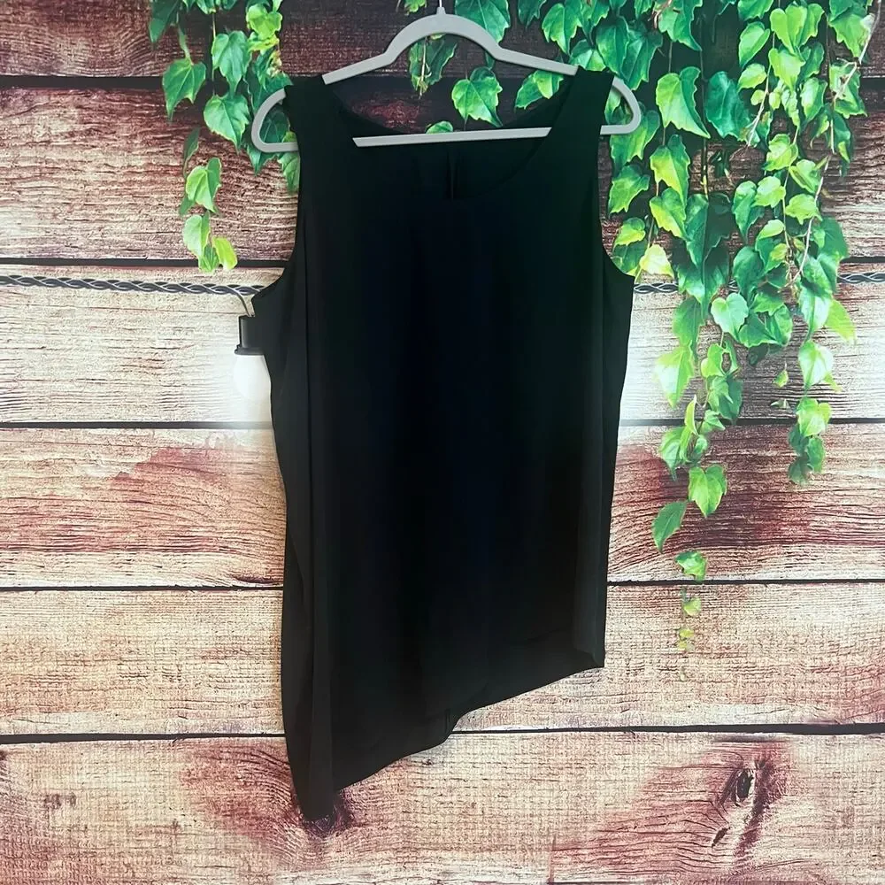 Eileen Fisher 100% Silk Asymmetrical Crepe Neck Tank Top XL Blouse Black Shirt